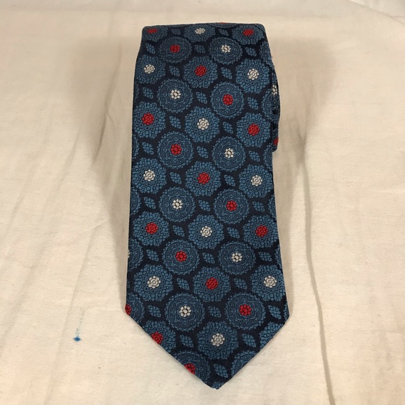Blue Floral Neck Tie Polyester Circles Red White - Picture 3 of 8